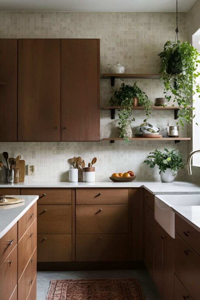 Cherry cabinets in a kitchen with a neutral-colored subway tile backsplash, adding texture and complementing the rich wood tones