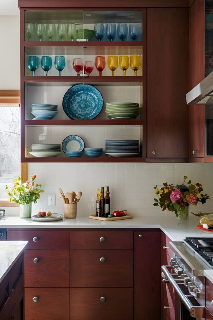 Cherry cabinets in a kitchen with colorful dishware on open shelves, featuring vibrant plates and bowls in deep blues and greens