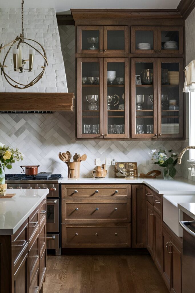 Cherry cabinets in a kitchen with decorative bronze knobs and pulls, adding personality and style to the cabinetry