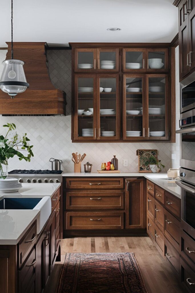 Cherry cabinets in a kitchen with some featuring glass doors, displaying elegant dishware and adding visual interest