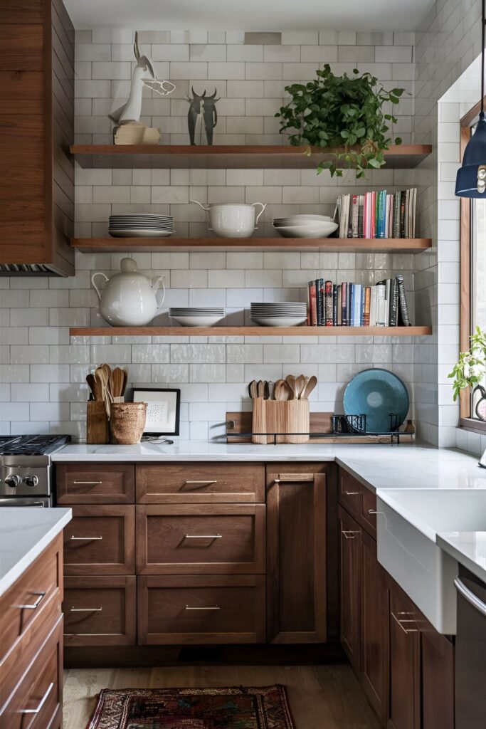 Cherry cabinets paired with open wooden shelves displaying dishes and cookbooks, adding a practical and decorative element