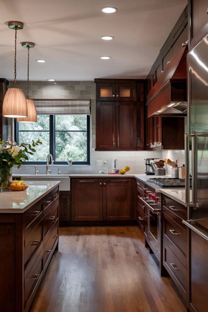 Cherry wood cabinets in a kitchen with layered lighting including recessed ceiling lights, under-cabinet lights, and accent lights