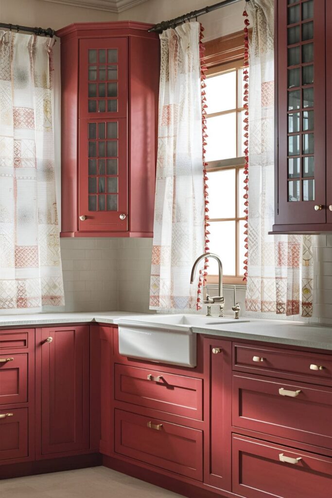 Cherry wood cabinets in a kitchen with light-colored floral patterned curtains on the windows, adding charm and warmth