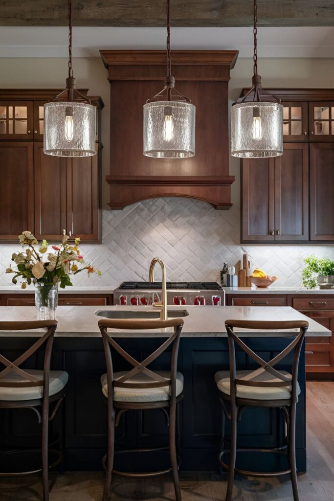 Cherry wood cabinets in a kitchen with pendant lights hanging over the island, featuring glass shades that enhance the decor. 