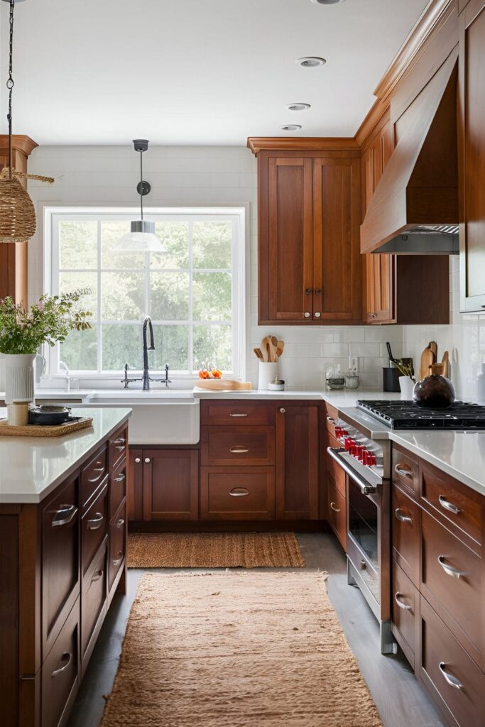 Cherry wood kitchen cabinets with a natural fiber rug placed in front of the sink, adding warmth and texture to the space