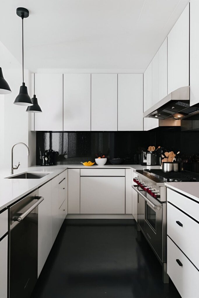 Chic minimalist kitchen with white walls and black accents sleek modern design with stainless steel appliances