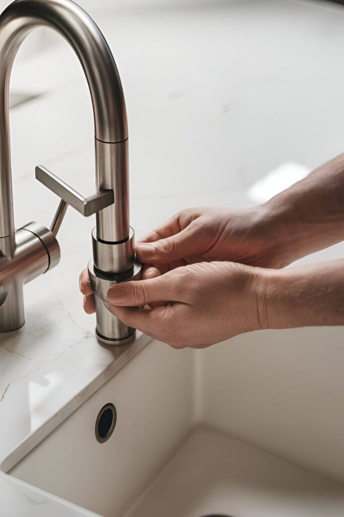 Close-up of a sleek, modern stainless steel kitchen faucet being installed on a sink, highlighting its clean lines and contemporary design