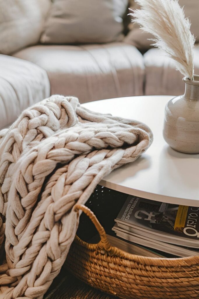 Close-up of coffee table with chunky knit throw, woven basket with magazines, and ceramic vase with pampas grass