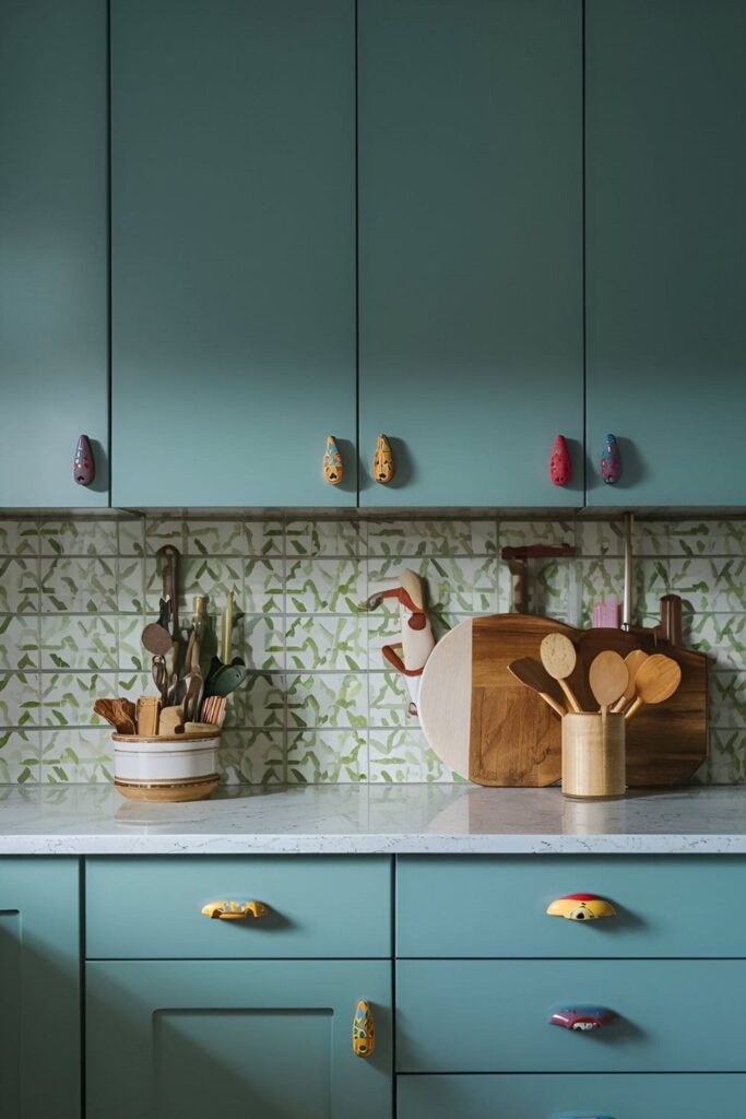 Close-up of kitchen cabinets with unique, fun-shaped, and colorful handles