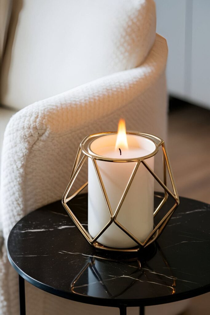 Close-up of modern living room featuring a geometric gold candle holder with a flame, on a black marble side table next to a white boucle armchair