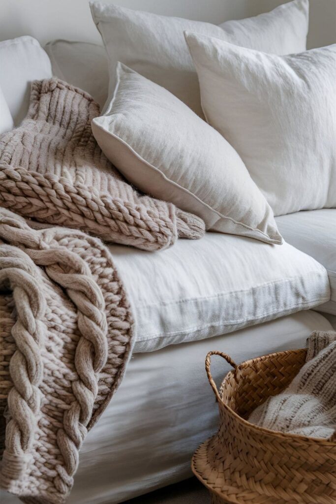 Close-up of white linen sofa piled with plush pillows and chunky knit throw in a neutral beige. Woven basket beside sofa with additional throws