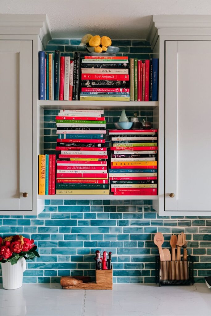 Colorful cookbooks stacked above kitchen cabinets, adding a pop of color and easy access for recipes