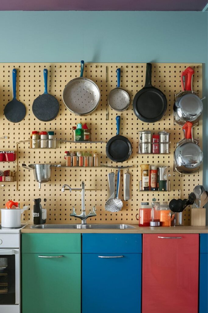 Colorful kitchen featuring a large pegboard on the wall holding pots, pans, utensils, and spices, painted to match the kitchen's color scheme