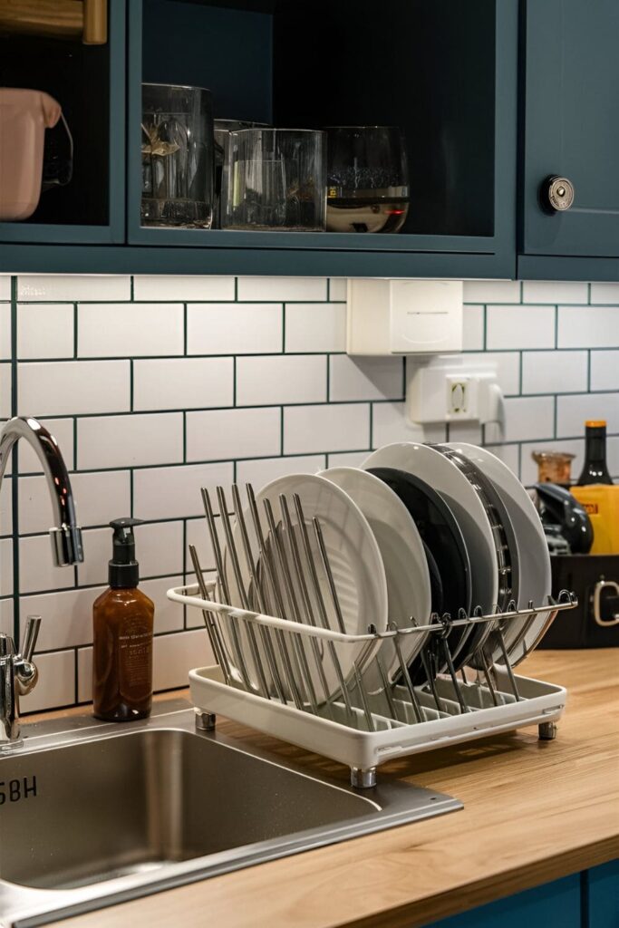 Compact dish rack fitting perfectly in a small sink area, with multiple tiers for maximum drying space. The rack is efficient and can be folded and stored away when not in use