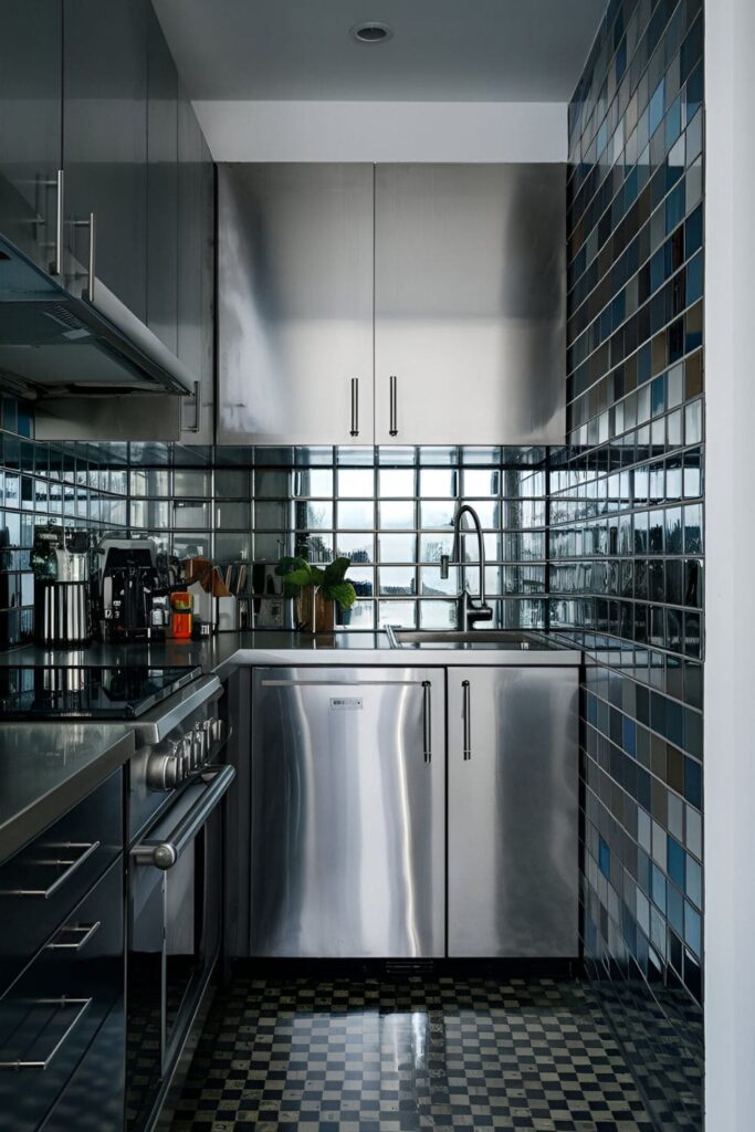 Compact kitchen with a reflective backsplash made of mirrored tiles and stainless steel appliances. Glossy surfaces make the room feel larger and more vibrant