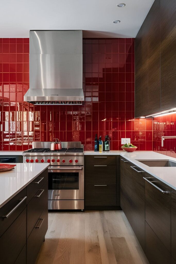 Contemporary kitchen featuring a glossy red tile backsplash, white countertops, and dark wood cabinets