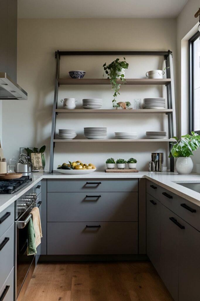 Contemporary kitchen featuring a ladder shelving unit against the wall, decorated with dishes, plants, and kitchen accessories