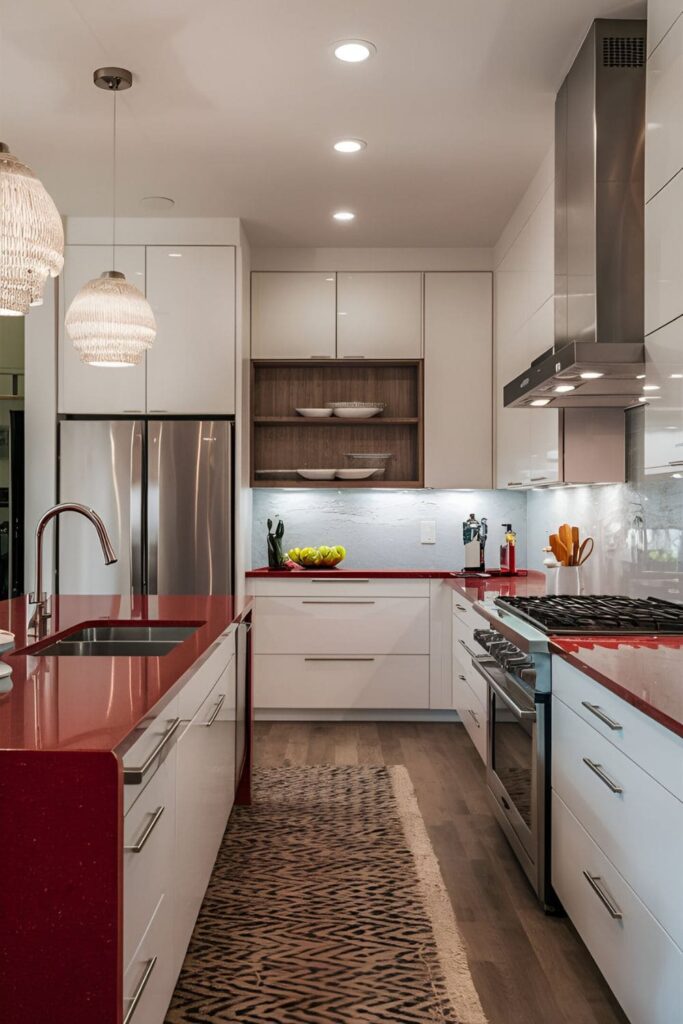 Contemporary kitchen featuring red quartz countertops, white cabinets, and stainless steel appliances