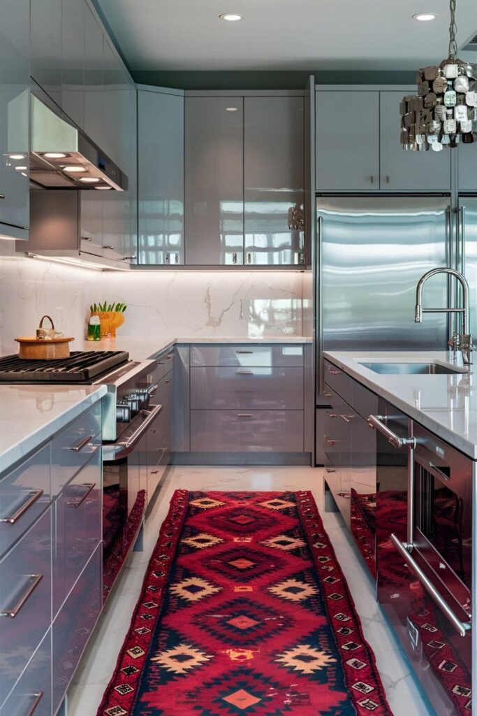 Contemporary kitchen with grey cabinets and a bright, patterned rug adding color and warmth to the space