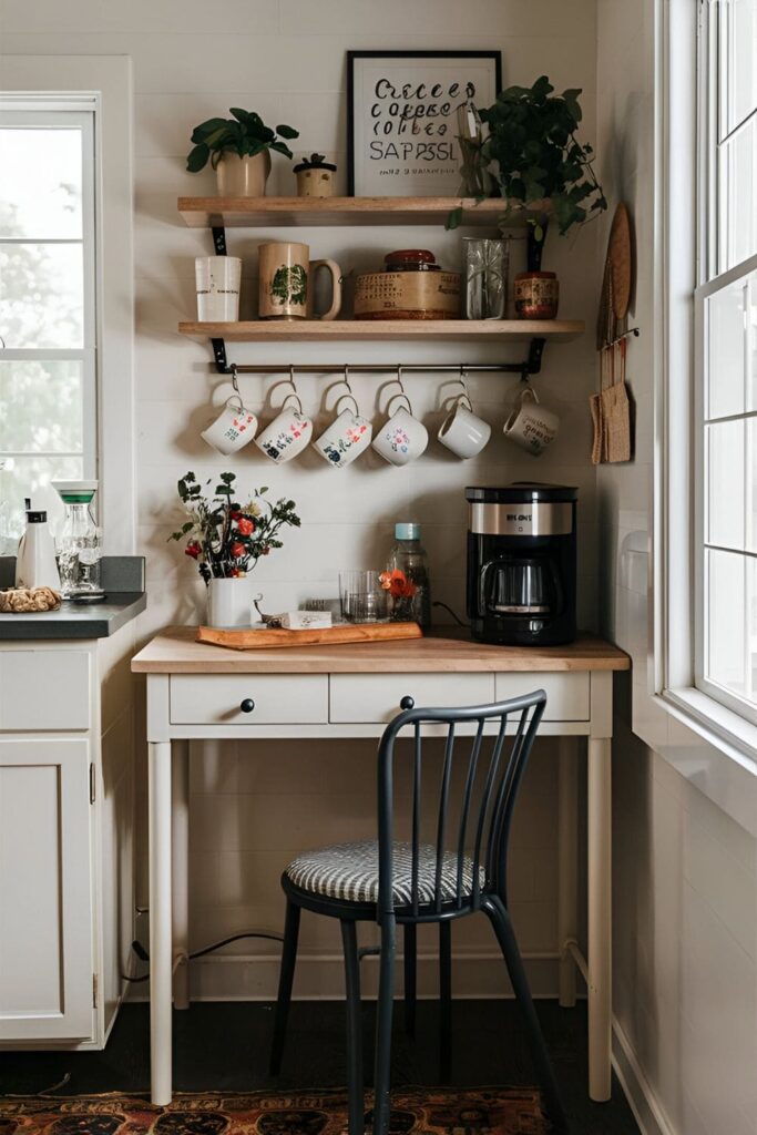 Cozy kitchen corner turned into a coffee station with a small table, mugs hanging on hooks, and a coffee maker, with a person preparing coffee