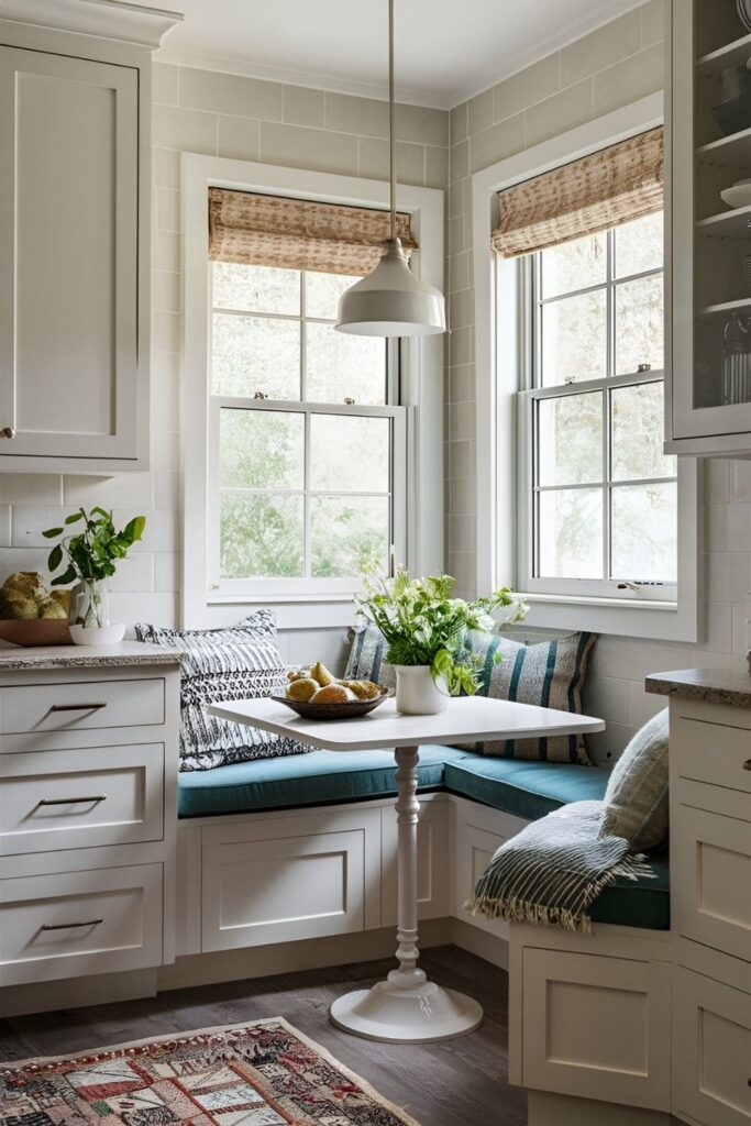 Cozy kitchen corner with white cabinets and built-in breakfast nook