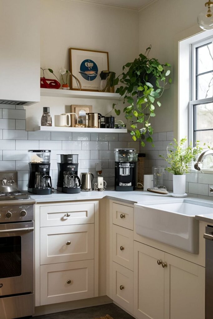 Cozy kitchen corner with white cabinets dedicated to a coffee station