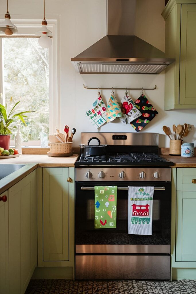 Cozy kitchen featuring fun-patterned and quirky-printed dish towels hanging on a hook and over the oven door, adding personality and charm