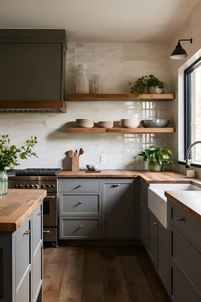 Cozy kitchen featuring grey cabinets paired with warm, rustic wooden countertops and matching floating shelves