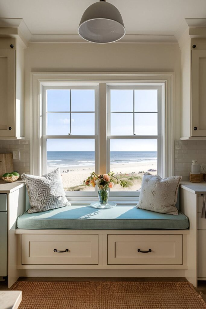 Cozy kitchen window seat with beach-colored cushions and storage drawers underneath, with a view of the beach