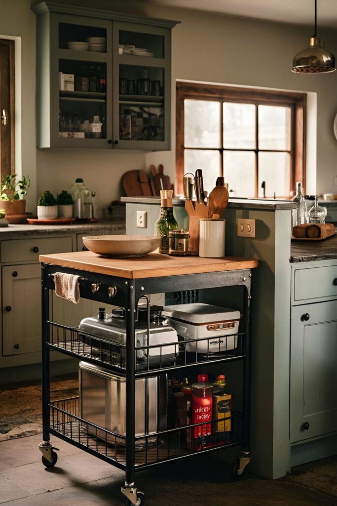 Cozy kitchen with a rolling cart having a wooden top and metal frame, holding appliances and pantry items next to a prep station