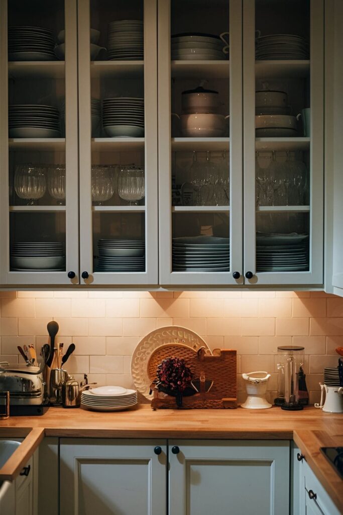 Cozy kitchen with glass cabinet doors revealing neatly arranged dishware. The transparent doors add depth and a decorative touch to the room