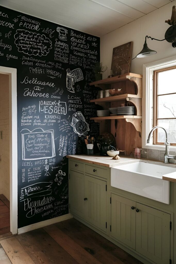 Cozy kitchen with one wall painted in chalkboard paint covered in handwritten recipes and drawings wooden shelves and rustic decor