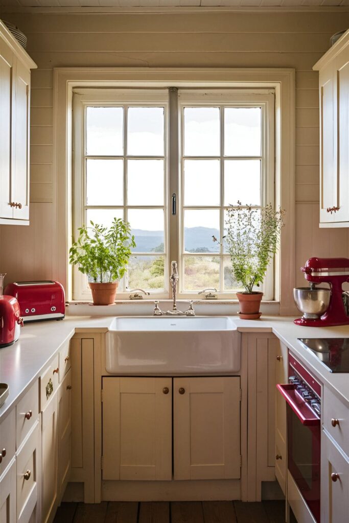 Cozy kitchen with small red appliances, including a toaster, mixer, and coffee maker on white countertops