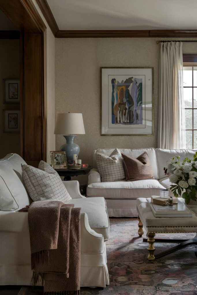 Cozy living room with an oversized sofa, cushy armchairs, numerous throw pillows, and a luxurious throw blanket