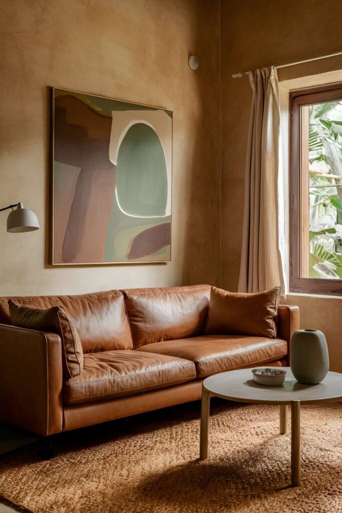 Cozy living room with beige walls, jute rug, brown leather sofa, and abstract green and brown painting