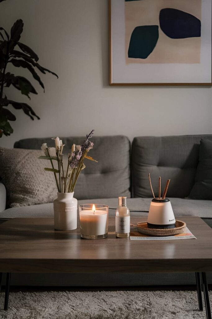 Cozy living room with candles, an essential oil diffuser, or incense sticks emitting pleasant scents like vanilla, lavender, or cinnamon