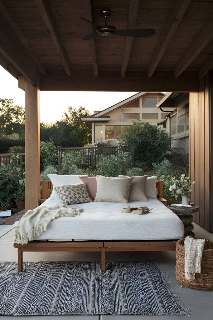 Cozy outdoor daybed with a sturdy base and twin mattress, covered in weather-resistant fabric and adorned with pillows, placed on a patio for lounging