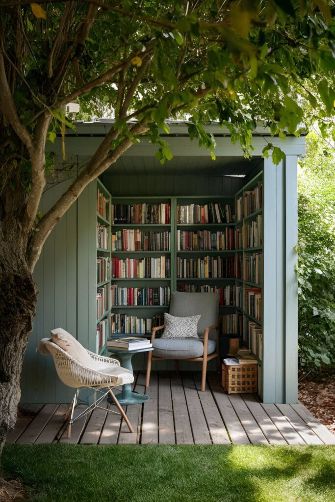 Cozy outdoor library corner with a weatherproof bookshelf filled with books, a comfortable chair, and a small table, all set under a shady tree