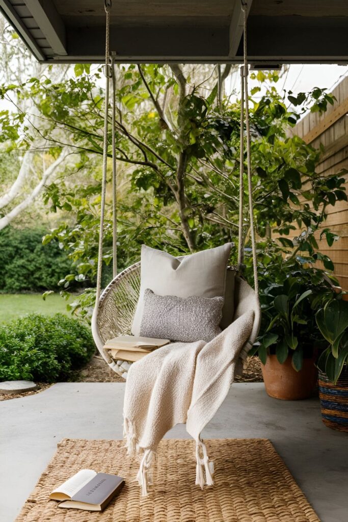 Cozy swing chair hanging in a patio, with a comfortable cushion, a blanket, and a book, set in a peaceful garden environment