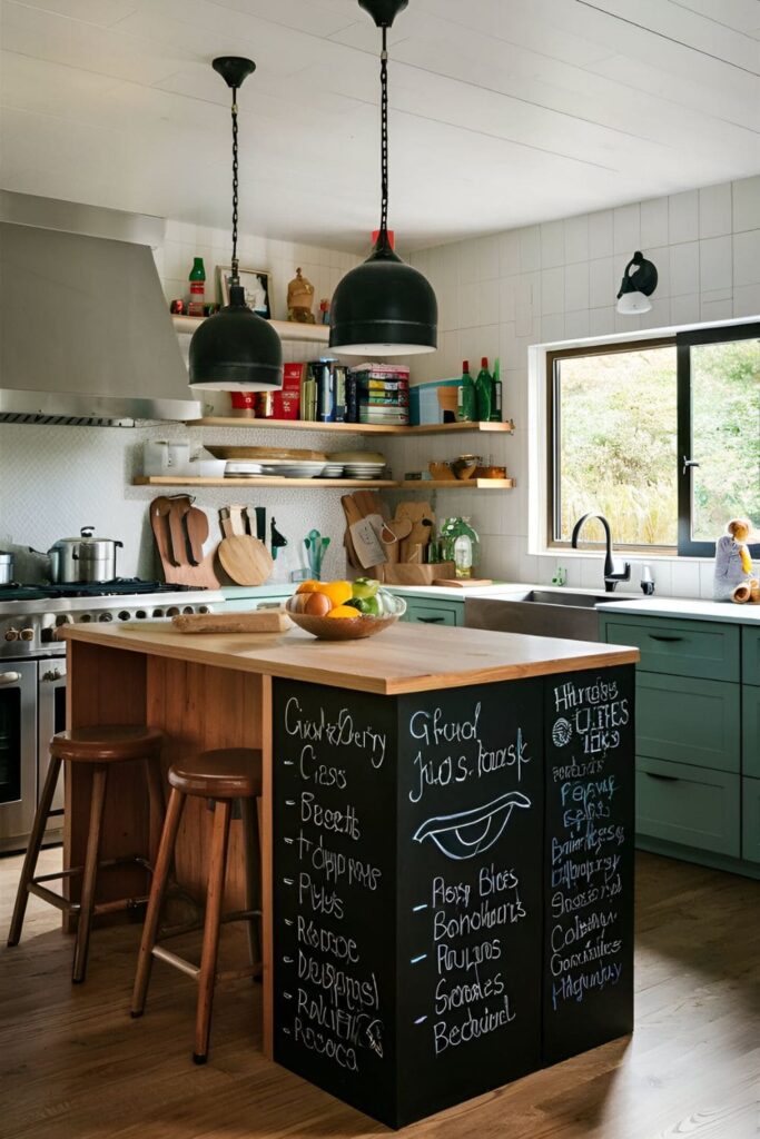 Creative kitchen island with chalkboard panels on the sides, used for writing notes or displaying artwork