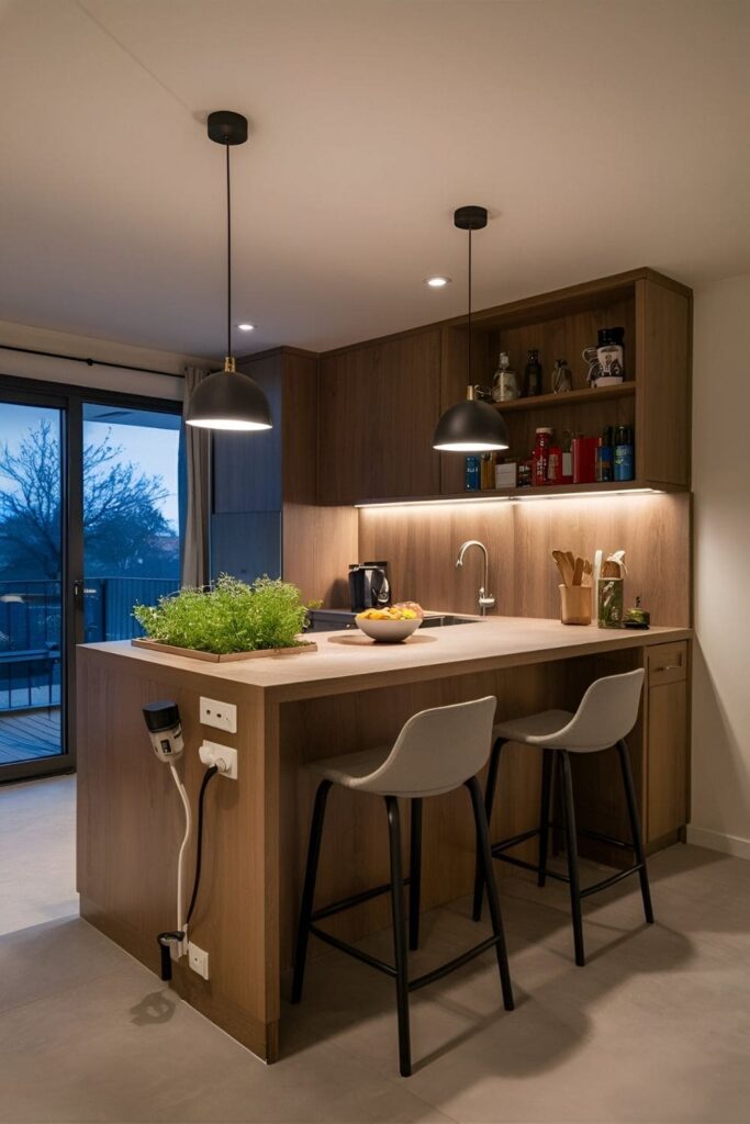 Custom-designed breakfast bar with built-in outlets a sink and a small herb garden highly functional and tailored to user needs