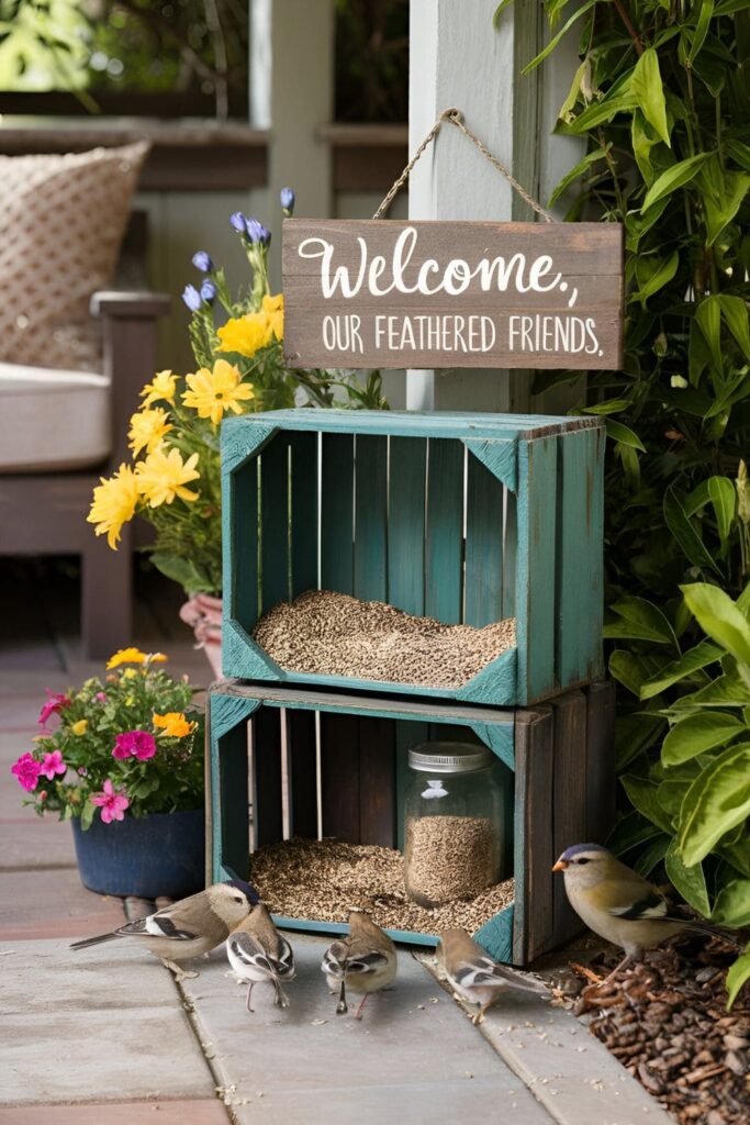 DIY bird feeder made from recycled materials, hanging near a patio with birds feeding, and surrounded by colorful flowers and greenery