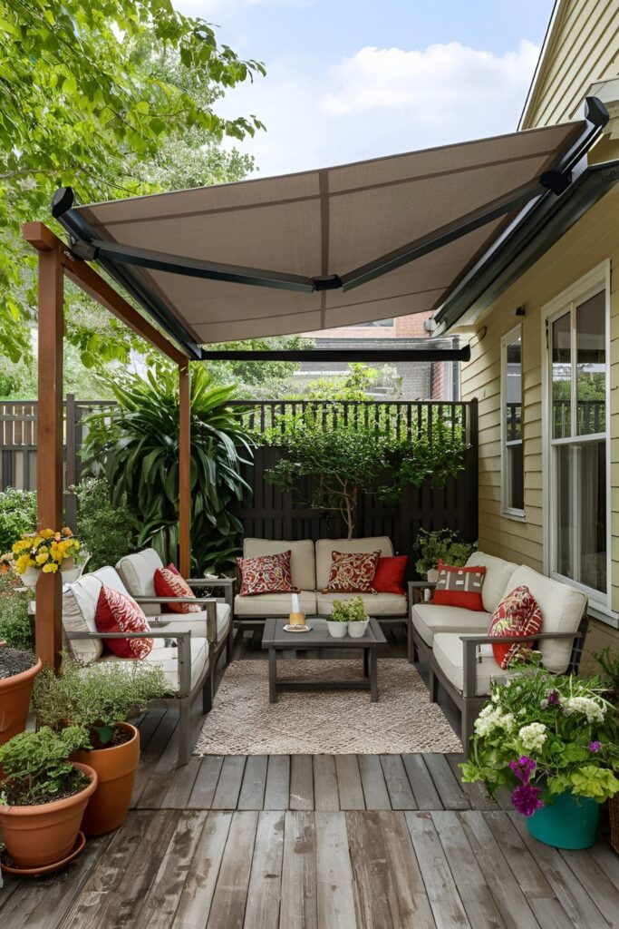 DIY patio awning made of durable fabric and sturdy supports, shading a cozy seating area with colorful cushions and potted plants