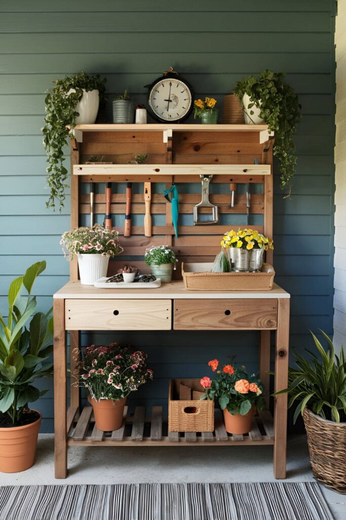 DIY potting bench made from wood with shelves for storage, painted to match the patio decor, organized with gardening tools and potted plants