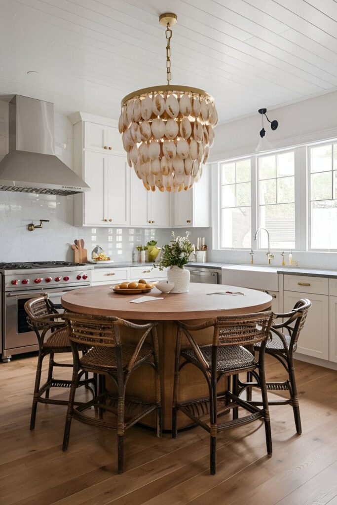 Dining area with a chandelier made from real or faux shells hanging above a table