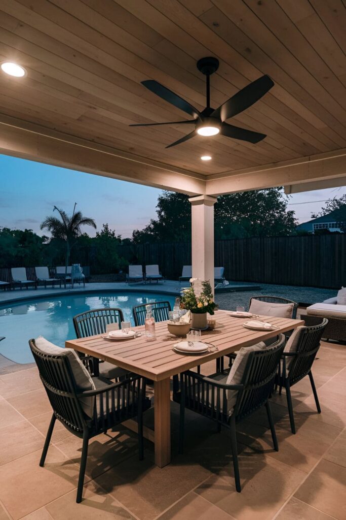 Dining pavilion near a pool with a sturdy dining table, comfortable chairs, outdoor lighting, and a ceiling fan