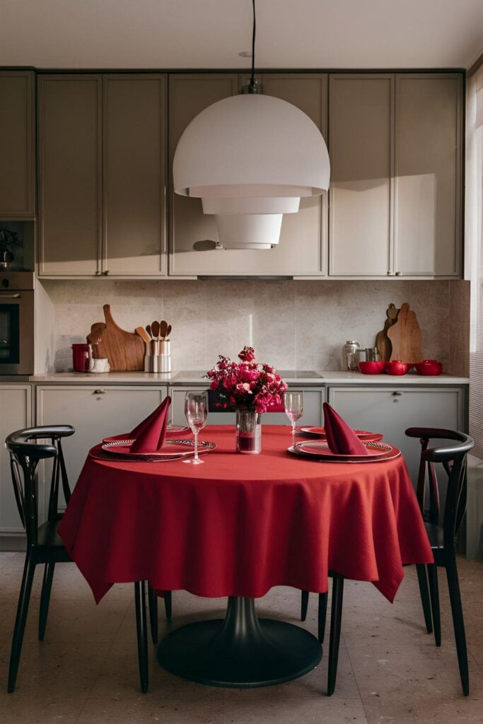 Dining table set with red tablecloth, red napkins, and red placemats in a kitchen with neutral tones