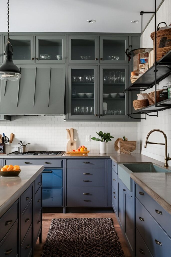 Dynamic kitchen featuring grey cabinets, concrete countertops, metal shelving, and glass-fronted upper cabinets