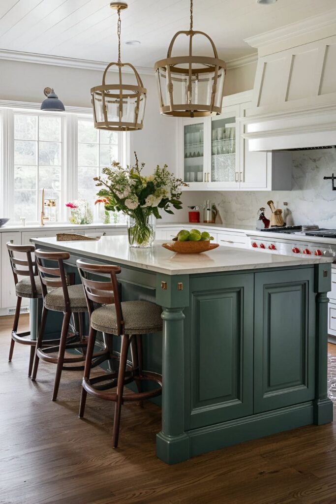 Elegant kitchen island with decorative end panels, featuring paneling or molding for added detail