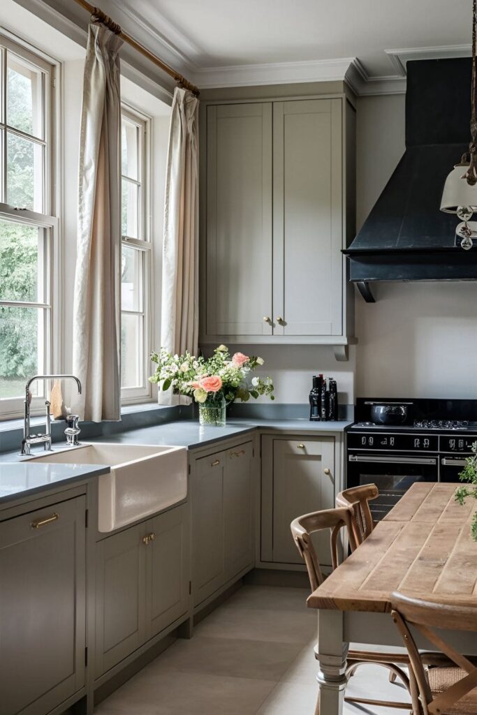 Elegant kitchen with grey cabinets and soft, neutral-colored curtains dressing up the windows.